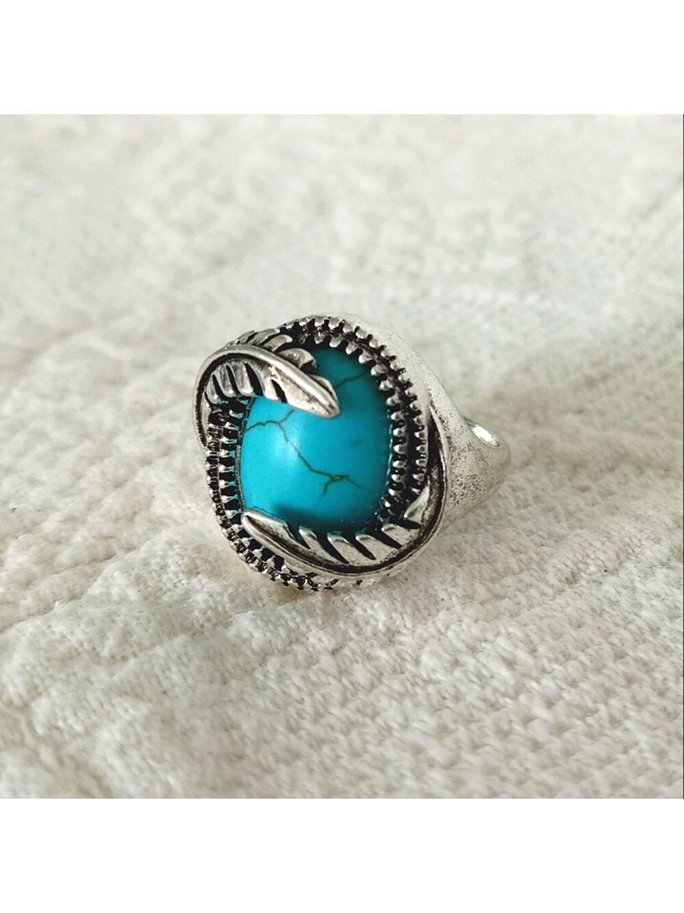 Turquoise Silver Leaf Cocktail Ring Stone Southwest Western Large Nature Size 10 - Picture 2 of 7